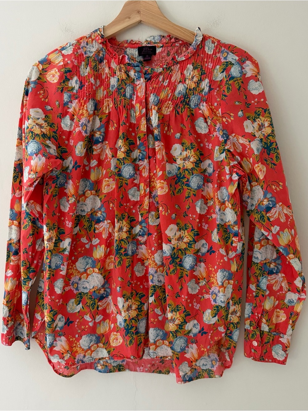 J Crew Liberty of London Blouse Coral Floral Cotton Poplin Ruffle Pintuck Size 6